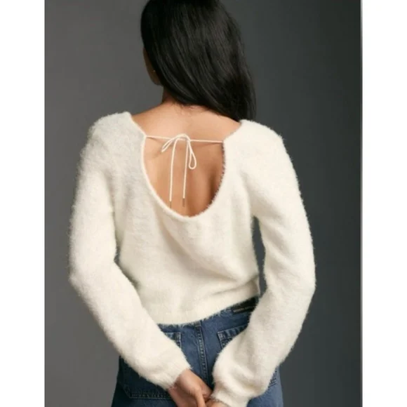 Women's Anthropologie Ivory Fuzzy Tie-Back Crew Neck Sweater M - Picture 2 of 10
